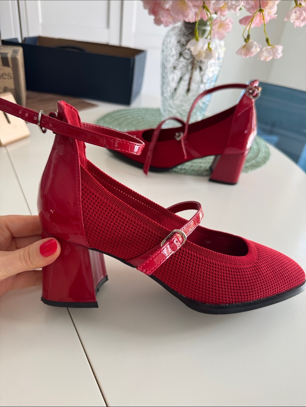 NEWBELLA Red Knit Mary Jane Chunky Heels Square Toe Retro Pumps Size 6.5